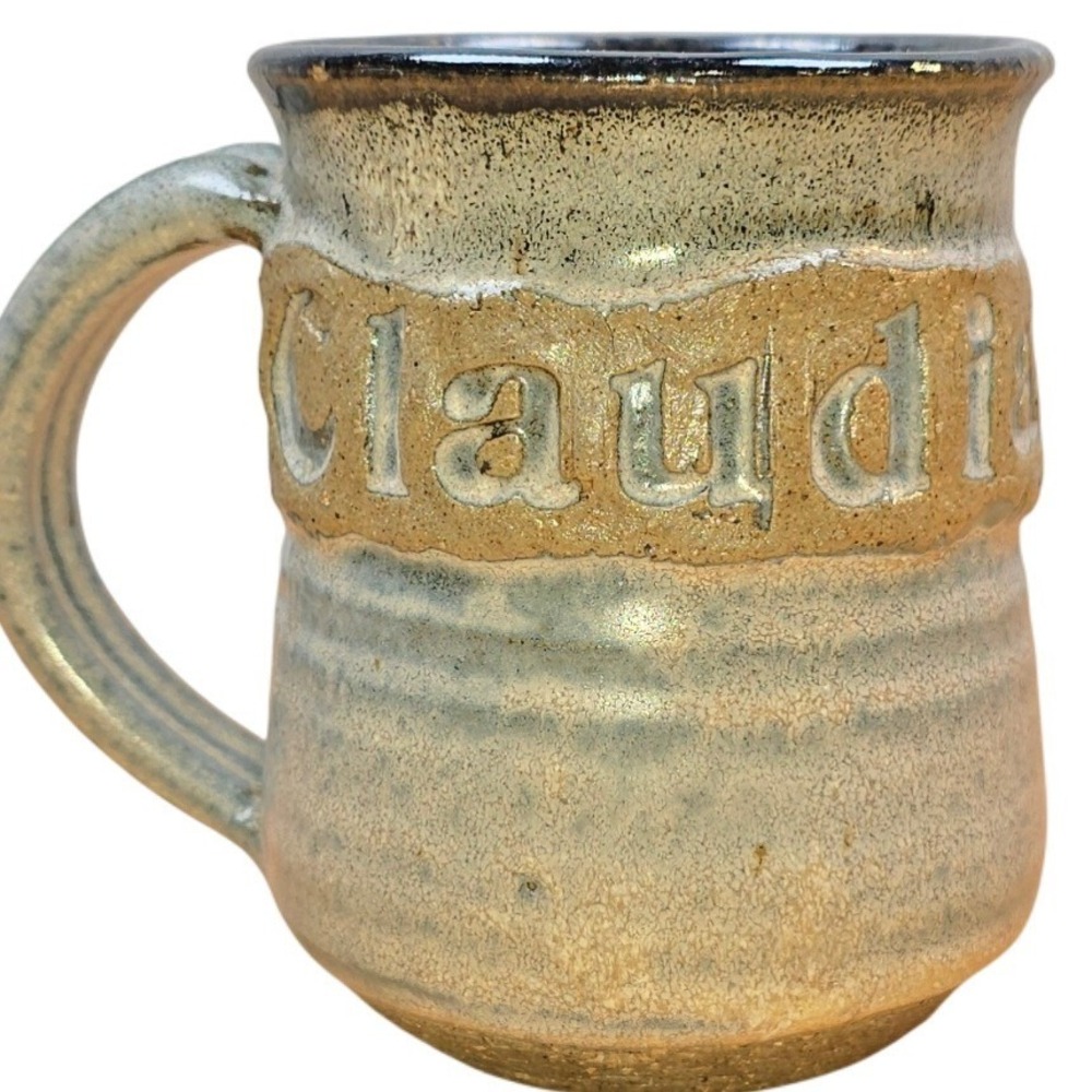 Vintage 1970s CLAUDIA ceramic mug with handle signed 4" x 3" Tan & Black
